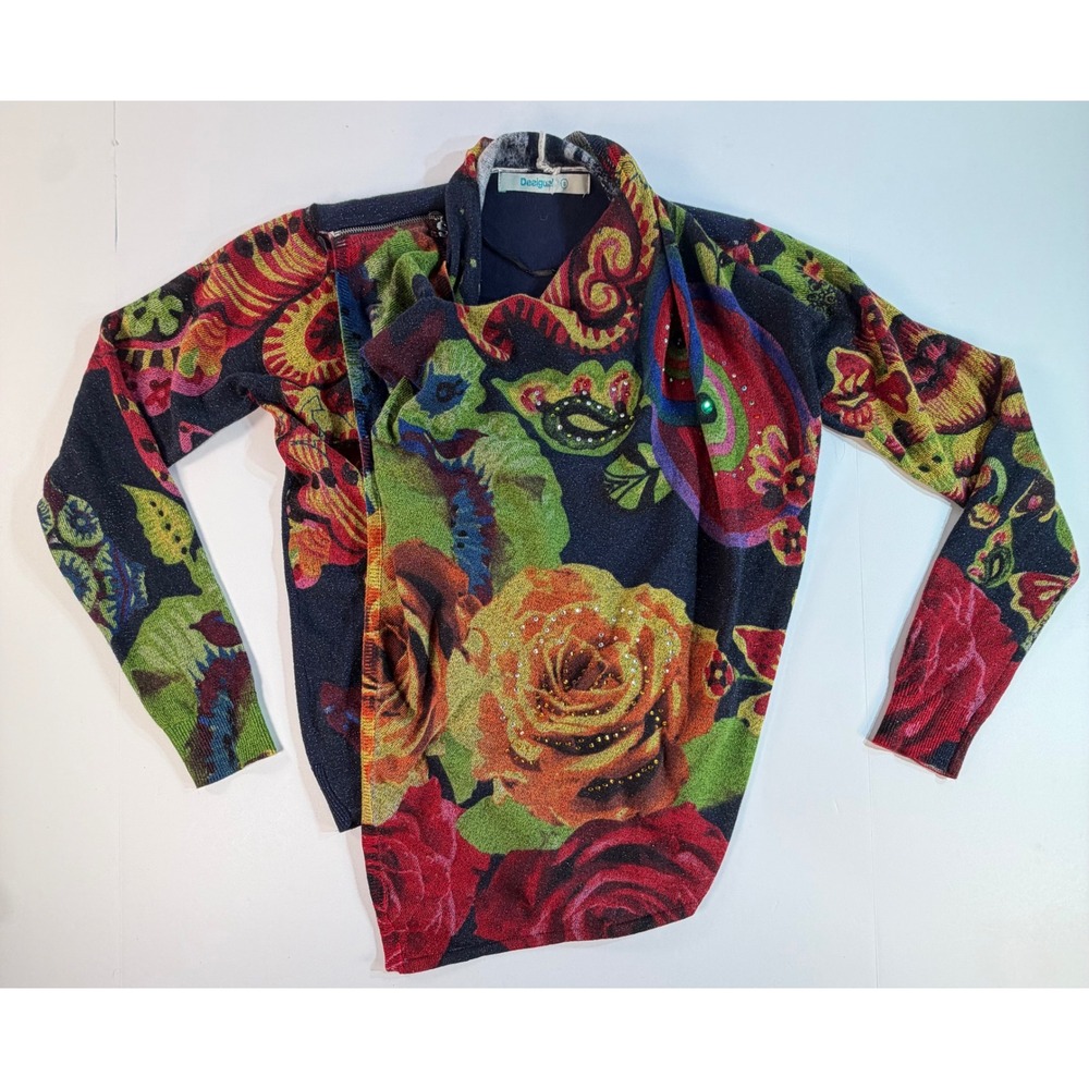 Desigual Womens Floral Paisley Knit Top Asymmetrical Zip Neck Shimmer Multi S